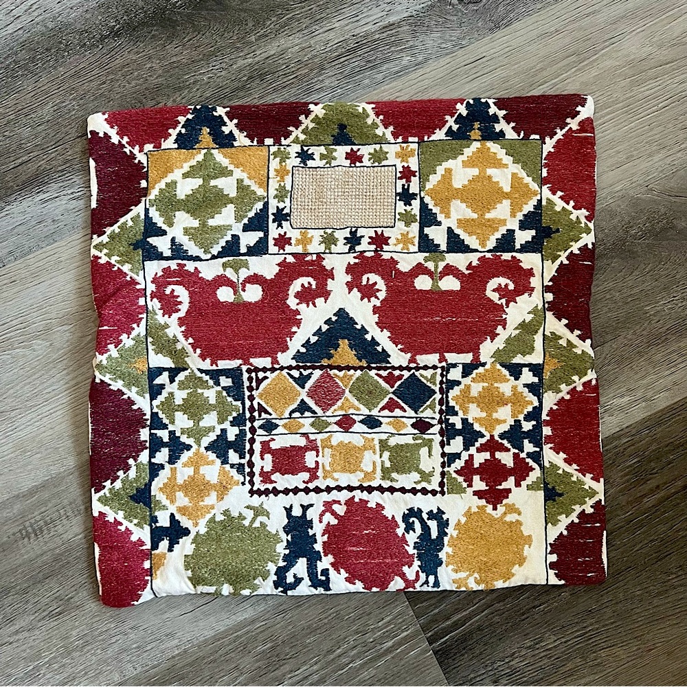 Pottery Barn 16” Red Green Gold Navy Patchwork Geometric Floral Pillow Cover